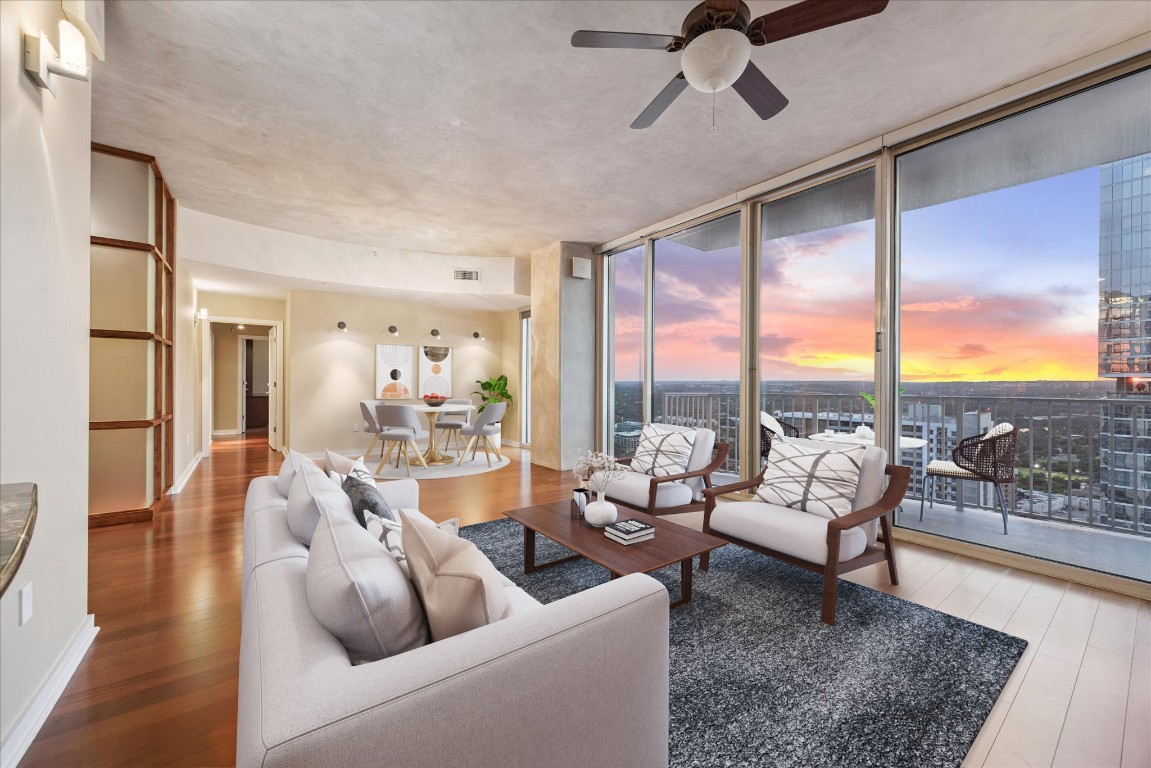 360 Nueces Street, Unit 3504 Austin, TX 78701 - Photo 39 of 40 Living room featuring large open floor plan with expansive floor to ceiling windows.