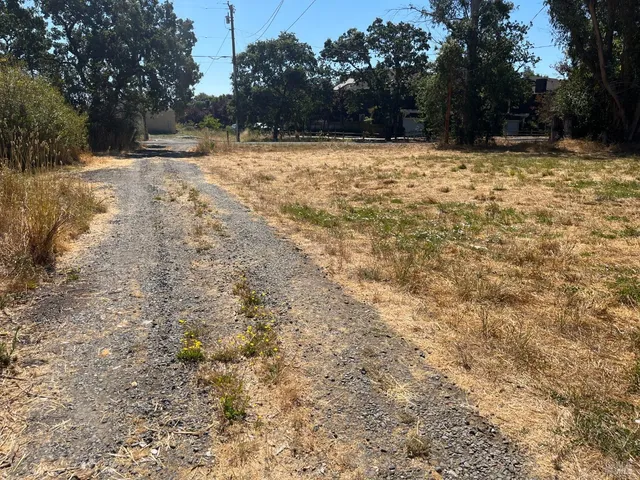 a view of a yard with a wooden fence