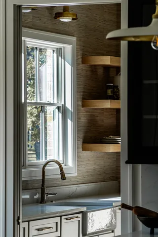 a view of a kitchen from a window