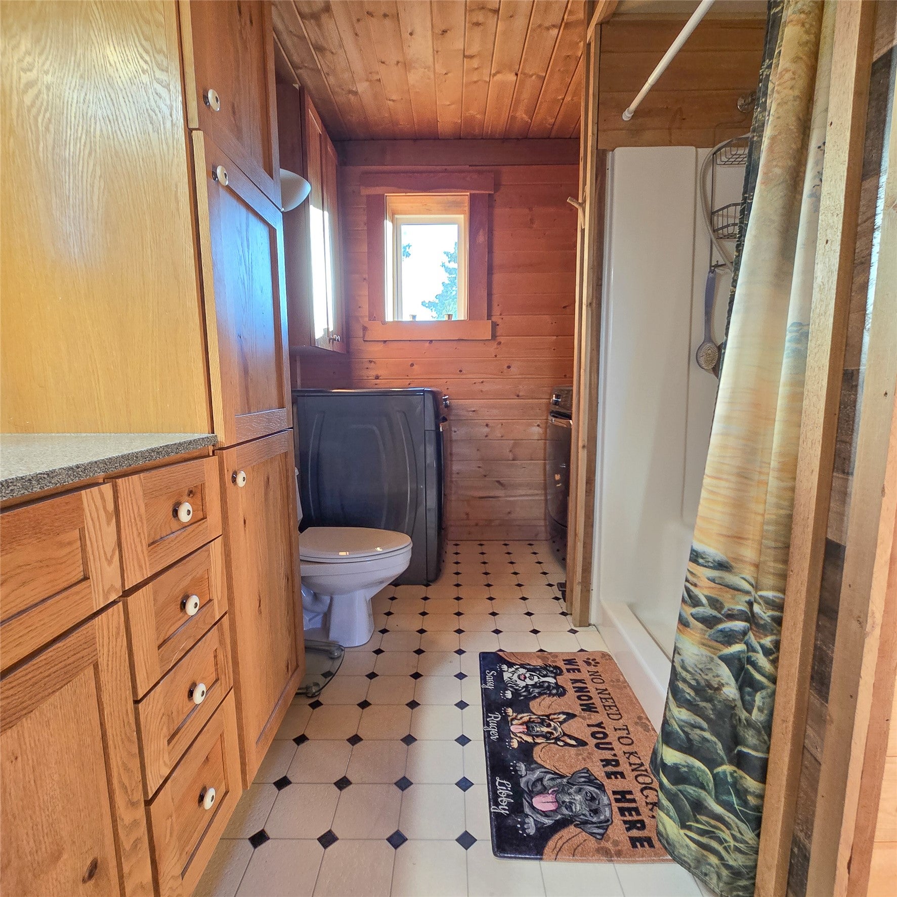210 Friendspring Road Whitehall, MT 59759 - Photo 6 of 43 Full bath with wooden walls, a stall shower, washer / clothes dryer, wooden ceiling, and vanity