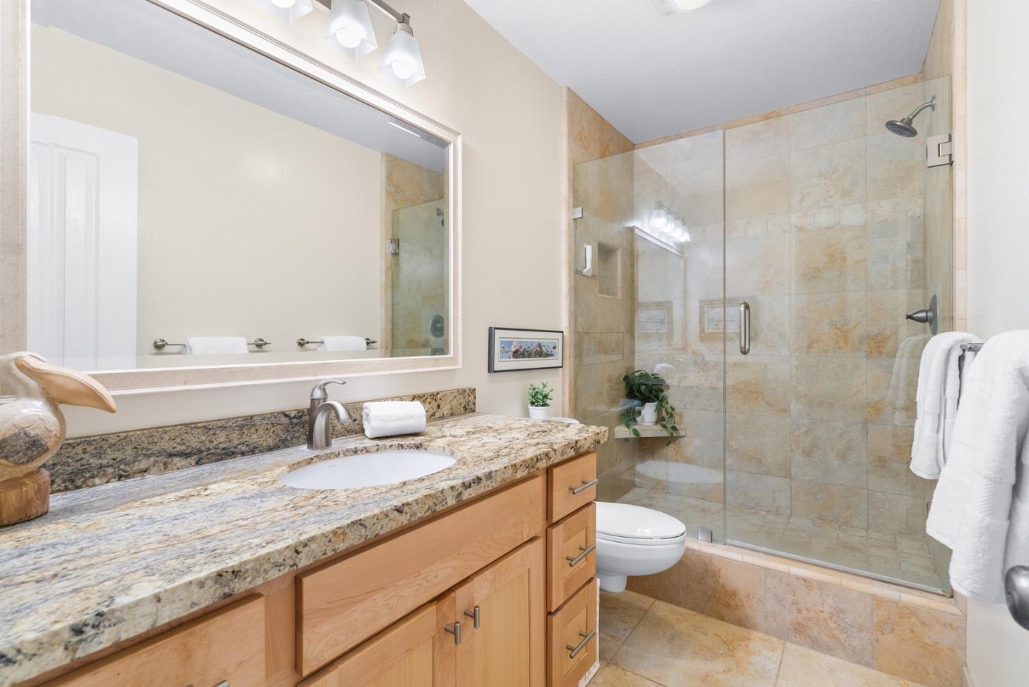 101 Shell Road, Unit 171 Watsonville, CA 95076 - Photo 24 of 31 a bathroom with a granite countertop sink toilet and shower