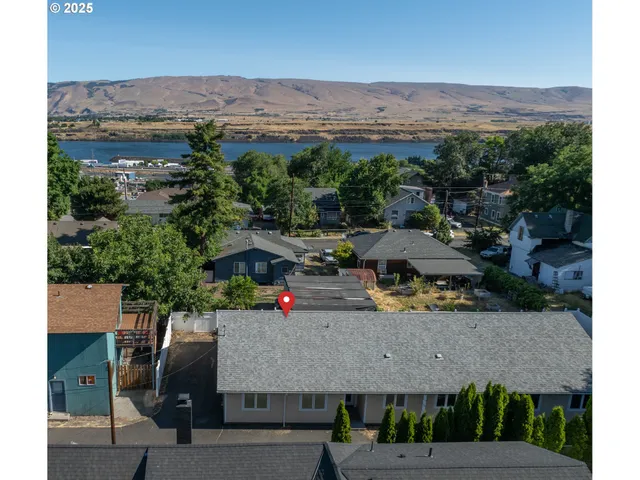 an aerial view of a house with lots of trees and plants