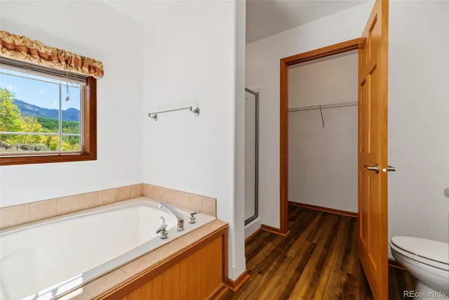 a bathroom with a tub and toilet