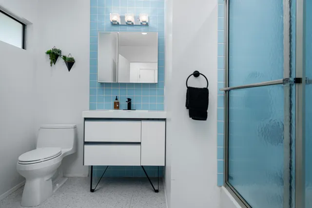a bathroom with a toilet a sink and mirror