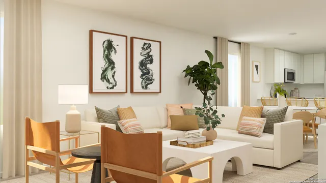 a living room with furniture and a painting