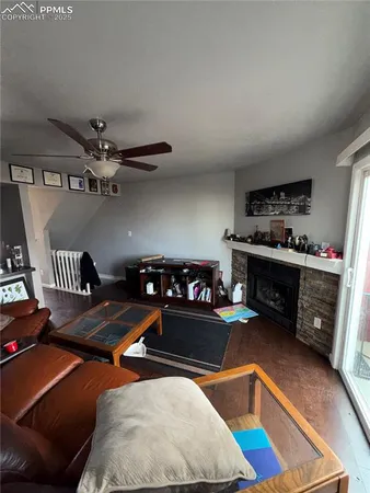 a living room with furniture and a table