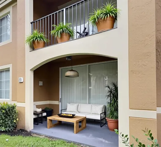 a view of a house with a small yard plants and large tree