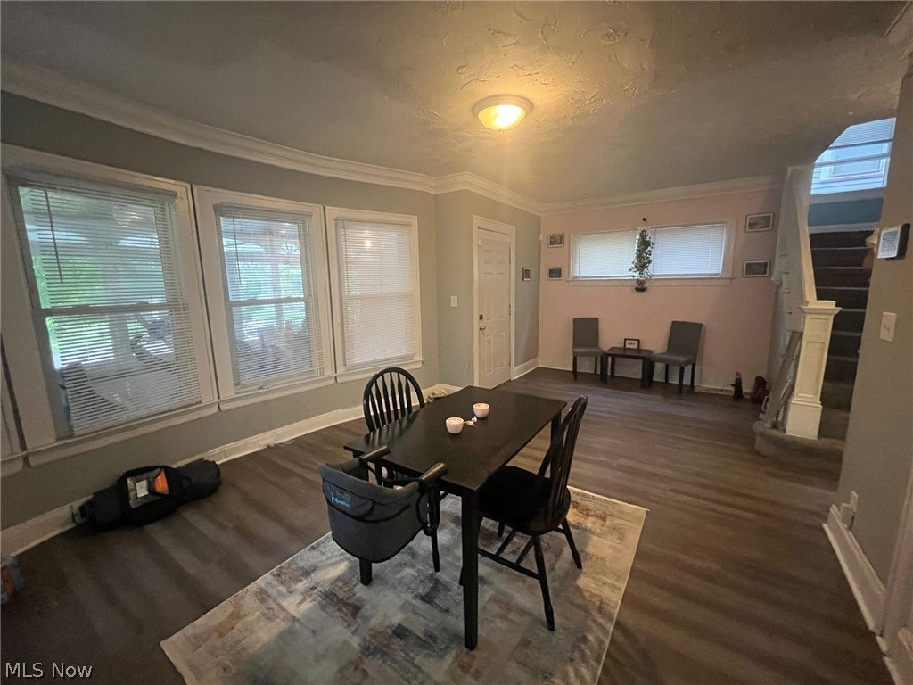 1101 Carlyon Road East Cleveland, OH 44112 - Photo 5 of 23 Spacious room featuring new flooring, white crown molding, multiple windows, and a staircase with a detailed newel post