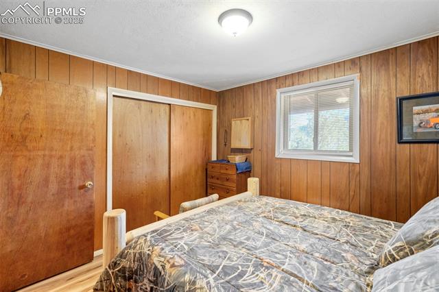 616 Timber Ridge Road Divide, CO 80814 - Photo 22 of 34 Bedroom with wooden walls, ornamental molding, and a closet