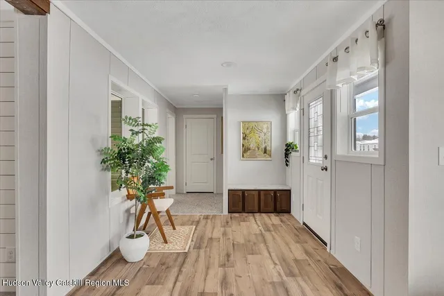 a view of a hallway with wooden floor and a potted plant