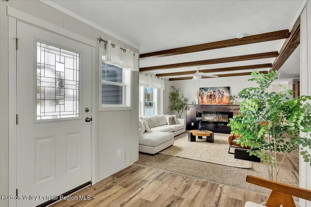 a living room with furniture and a potted plant