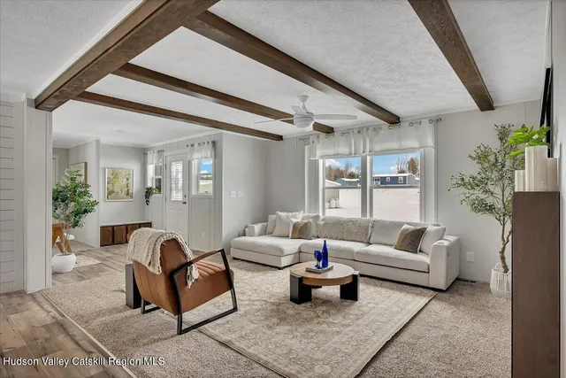 a living room with furniture and a potted plant