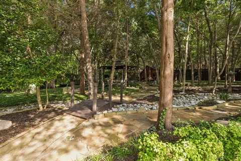 a view of a park with large trees