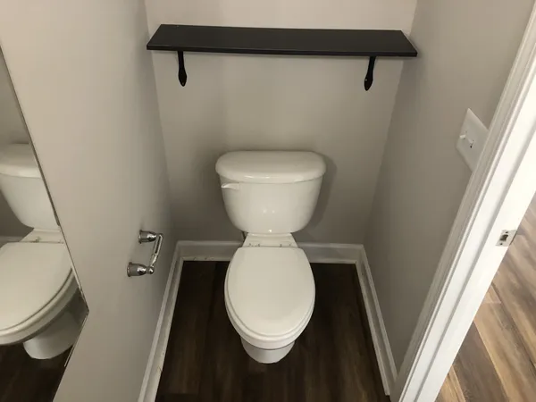 a bathroom with a toilet and a mirror