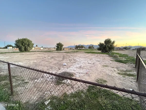 a view of a dry yard with wooden fence