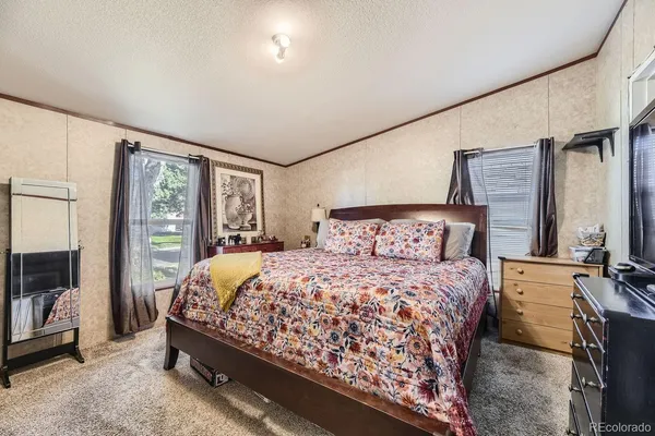a bedroom with a large bed and a tv