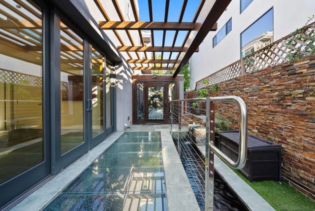 a view of a porch with a door