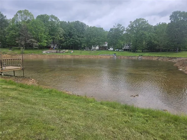 a view of a lake with houses in the background