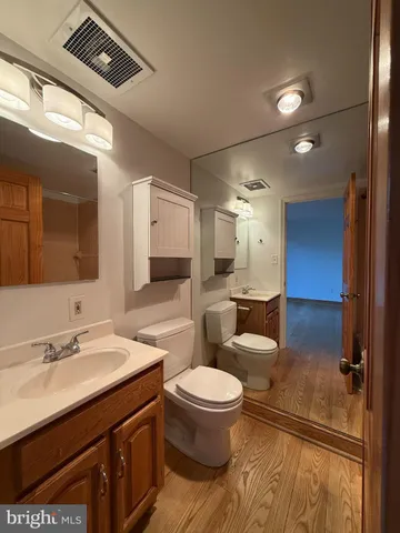 a bathroom with a sink a toilet a mirror and vanity