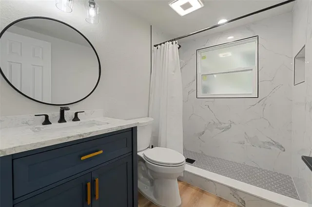 a bathroom with a granite countertop sink toilet mirror vanity and shower
