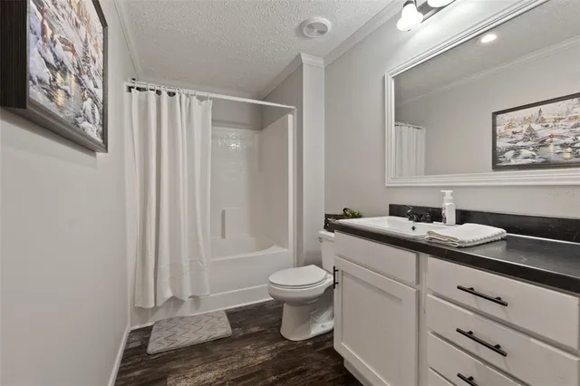 a bathroom with a granite countertop sink a toilet and a mirror