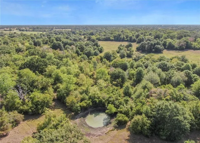an aerial view of a houses with a yard and lake view