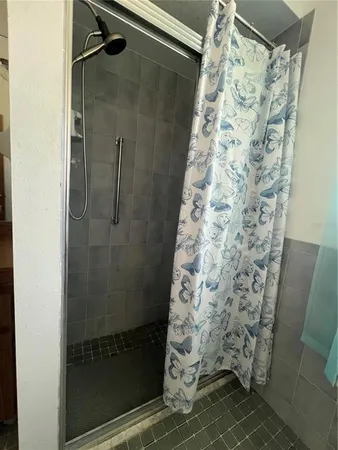 a bathroom with a shower and a toilet