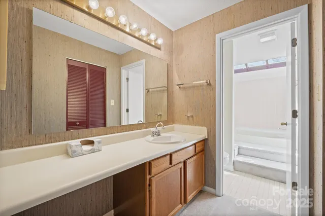 a bathroom with a sink a mirror and a shower