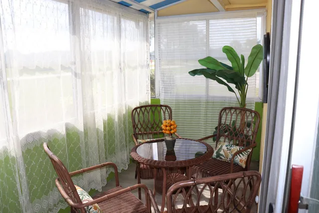 a view of a balcony with chair and potted plant