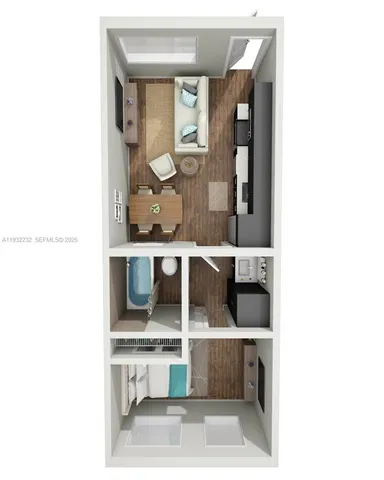 a view of living room with a chair and frames on the wall