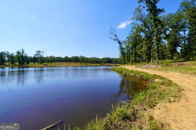 a view of a lake with houses in the back