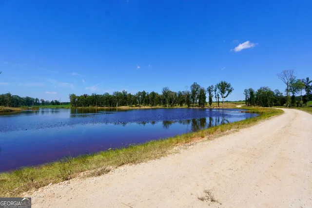 a view of a lake with houses in the background