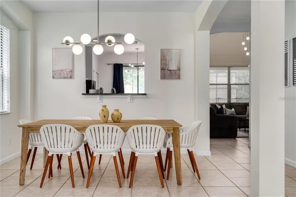 a view of a dining room with furniture