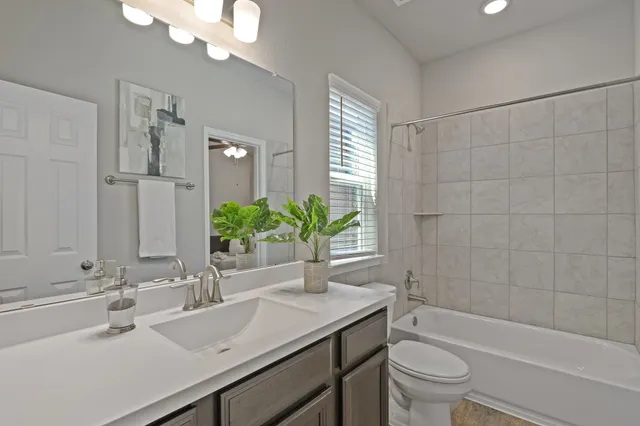 a bathroom with a sink a toilet a mirror a vanity a bathtub and shower