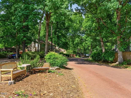 a view of a street with potted plants and large trees