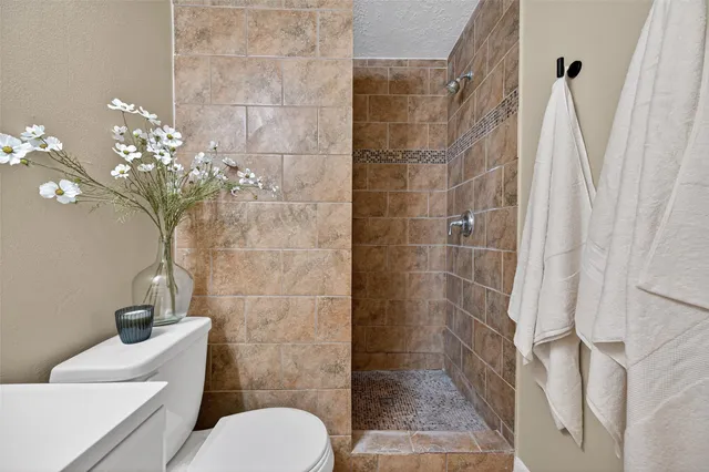 a bathroom with a toilet and shower