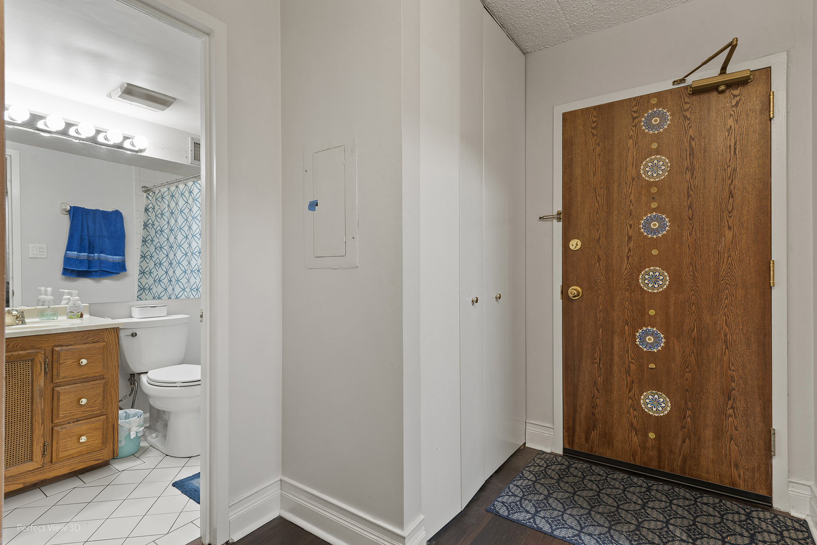 9701 North Dee Road, Unit 5E Niles, IL 60714 - Photo 4 of 18 a bathroom with a sink a toilet and shower