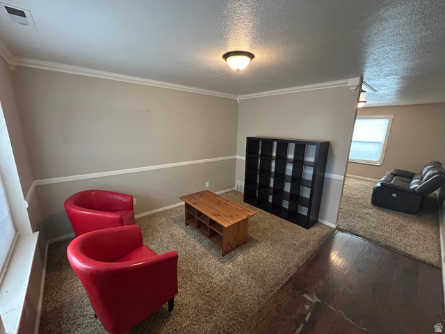 432 Spring Lane Logan, UT 84341 - Photo 3 of 22 Sitting room featuring hardwood / wood-style floors, a textured ceiling, carpet floors, and crown molding