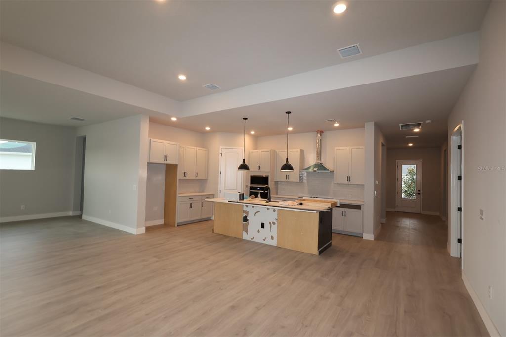 31583 Hayman Loop Wesley Chapel, FL 33545 - Photo 5 of 14 a large white kitchen with stainless steel appliances kitchen island a stove a refrigerator a sink dishwasher and a fireplace with wooden floor