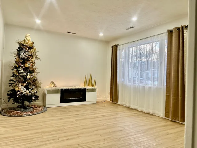 a view of a room with wooden floor and a potted plant