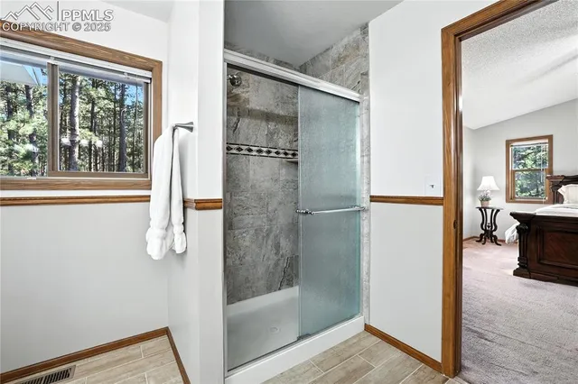 a bathroom with a shower and a sink