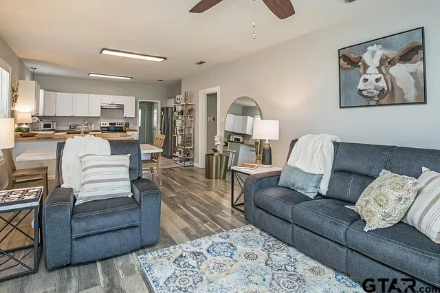 a view of a living room and windows