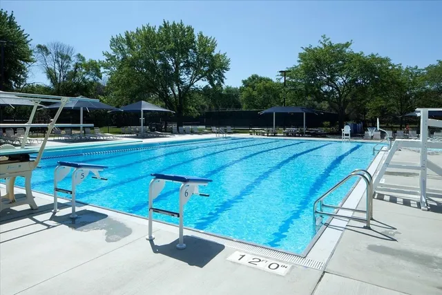a view of a swimming pool with a yard and furniture
