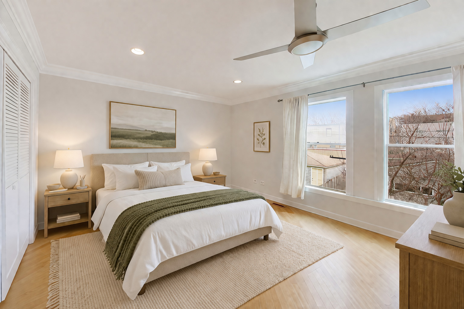 3413 South Indiana Avenue Chicago, IL 60616 - Photo 9 of 15 a spacious bedroom with a large bed a chandelier and windows