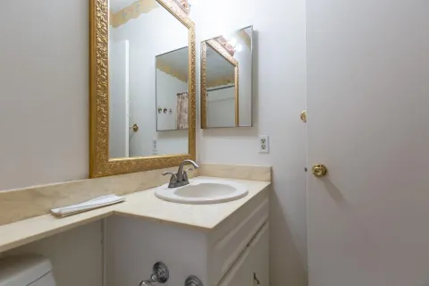 a bathroom with a sink and a mirror