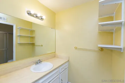 a bathroom with a sink and a mirror