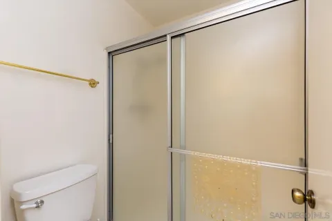 a bathroom with a shower and a toilet
