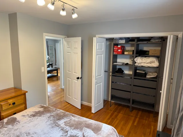 a bedroom with a bed and a closet