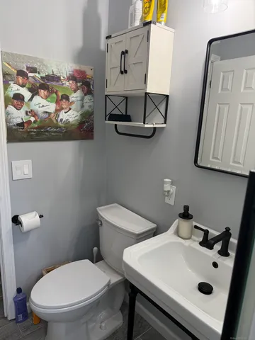 a bathroom with a sink mirror and toilet