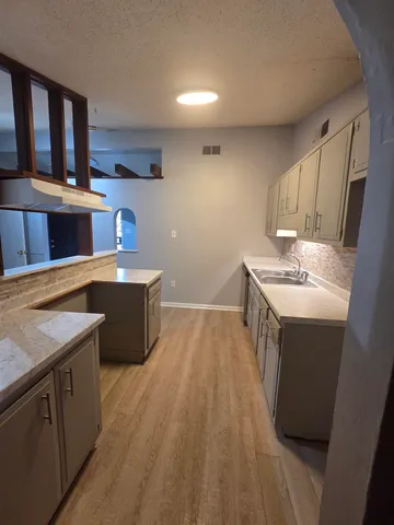 a kitchen with a sink a counter top space and appliances